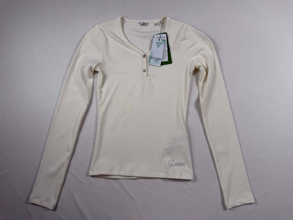 Guess Kyla Ribbed Long-Sleeve Henley Top with Rhinestone Logo